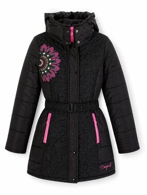 Desigual Girls Puffer Coat Black Floral Embroidered Hooded Jacket Size 11/12